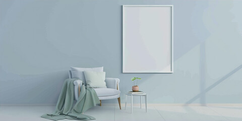 White poster in a frame on a blue wall next to an armchair
