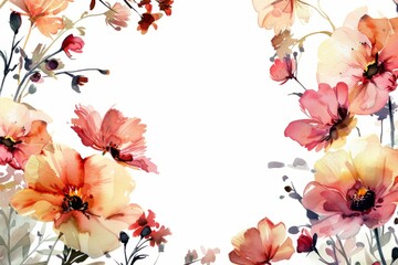 Watercolour illustration of a frame from abstract flowers with a white copy space on a center. AI generated - 781188796