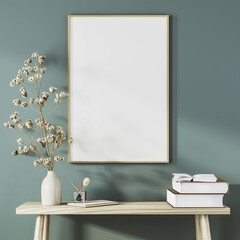 Large, white poster in a frame on a blue wall above a wooden table
