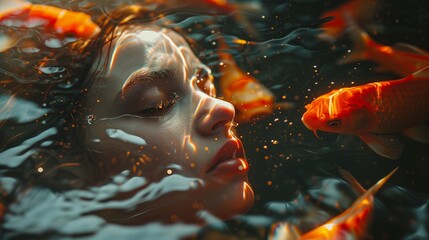 AI generated illustration of an attractive young woman submerged underwater with koi fish