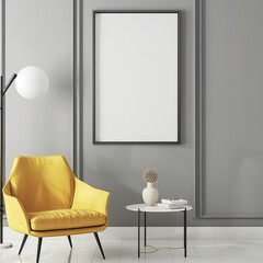 Room interior with gray walls, yellow armchair and large white framed poster on the wall
