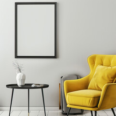 Room interior with gray walls, yellow armchair and large white framed poster on the wall
