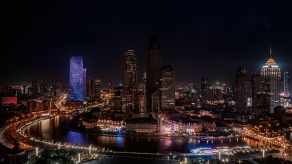 Aerial view of the cityscape at night
