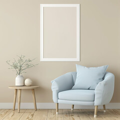 Frame mockup on a beige wall in a room with a blue armchair
