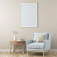 Fototapeta premium Frame mockup on a beige wall in a room with a blue armchair 