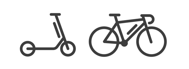 Scooter electric and kick push icon line art vector, bike bicycle thin stroke linear outline image clipart cut out isolated simple symbol illustration set