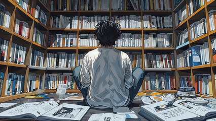 a man sits in front of a book shelf with the number 1 on it. - Powered by Adobe