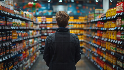 a man stands in a grocery store looking at the fruit.