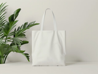 Minimalist white canvas tote bag mockup with a tropical plant for an eco-friendly lifestyle concept.