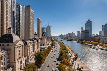 Fototapeta premium Aerial photo of Haihe River Scenic Line of Tianjin, a riverside city in China