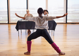 Judge, dancer and audition for competition with people, performance and energy with movement for creativity. Talent show, action and moving, ballet or contemporary for art with sport at academy