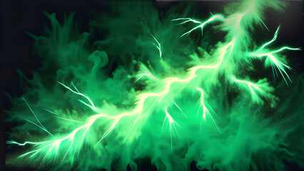 Fototapeta na wymiar Green paint lightning bursts on black, thunderous explosion vibrant on dark canvas, dynamic burst of green paint on black, striking green lightning on ebony(Generative AI)