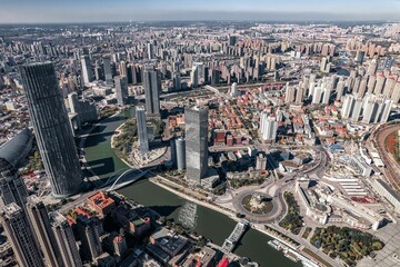 Fototapeta premium Aerial photo of Haihe River Scenic Line of Tianjin, a riverside city in China