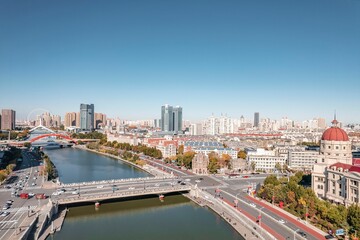 Fototapeta na wymiar Aerial photo of Haihe River Scenic Line of Tianjin, a riverside city in China