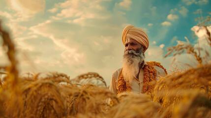 A punjabi farmer standing in a paddy field.