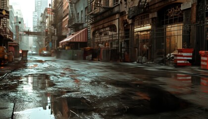 street with puddles and construction signs in the middle of a city - obrazy, fototapety, plakaty