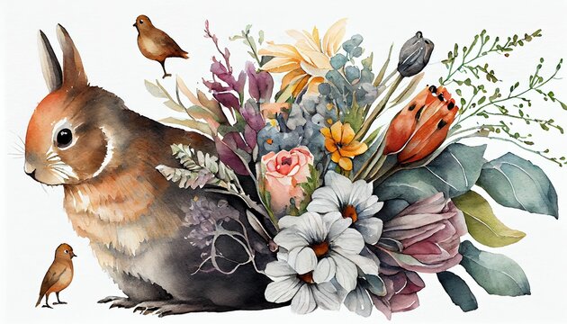 Beautiful watercolor spring design with a rabbit, flowers, and birds background for wallpapers