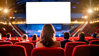 People in movie theater with red cinema seats and empty screen with copy space, isolated on white or transparent background, png. Generative Ai.