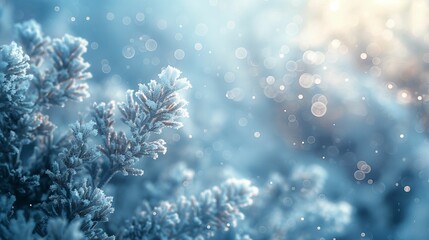 Fototapeta na wymiar Frosty Blue Winter Botanicals, Icy Flora, Sparkling Cold Bokeh