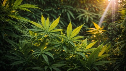 AI generated illustration of cannabis leaves bask in the sunlight, standing tall in a vibrant field