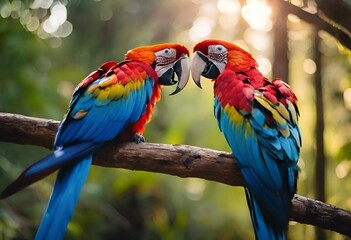 a couple of parrot standing on top of a tree branch