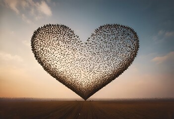 a heart shape made out of many black birds standing in the grass - obrazy, fototapety, plakaty