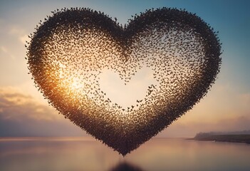 a heart made from butterflies in the sky at sunset over a lake