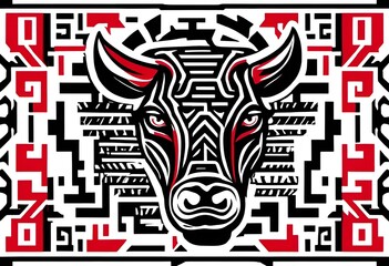 AI-generated illustration of a bull's face on a vibrant red and black tile