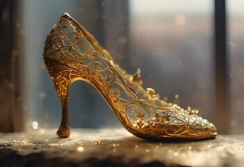 AI generated illustration of a golden shoe in front of a backlit window
