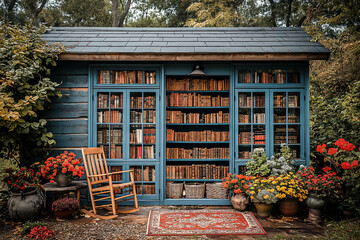 AI generated illustration of a wooden shed filled with books and flowers - obrazy, fototapety, plakaty