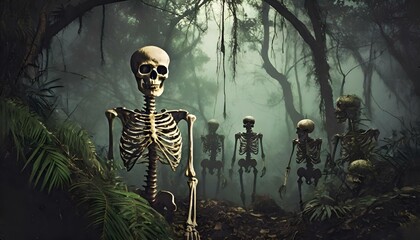 a group of skeletons walking through a jungle covered in fog - obrazy, fototapety, plakaty