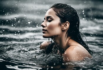 AI-generated illustration of a young woman swimming in the water during rain