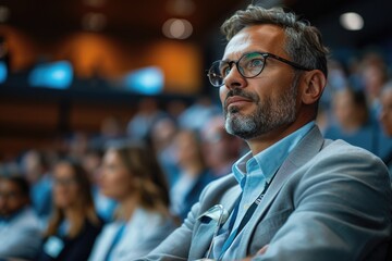 A surgeon stands confidently on stage at a medical conference, sharing insights and advancements in the field, poised to inspire and educate fellow professionals. - obrazy, fototapety, plakaty
