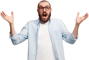 Wow. Emotion young man expressing surprise and shock, spreading hands with open mouth and wide eyes isolated on transparent background. Human emotions, facial expression concept. News, sales