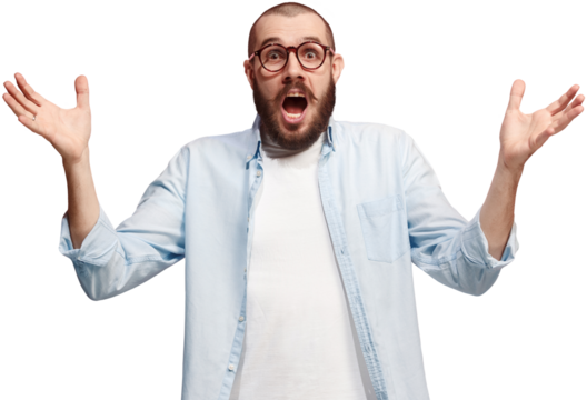 Wow. Emotion young man expressing surprise and shock, spreading hands with open mouth and wide eyes isolated on transparent background. Human emotions, facial expression concept. News, sales