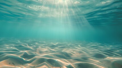 Fototapeta na wymiar Blue tropical ocean above, seabed sand below, empty underwater background with the summer sun shining brightly, creating ripples in the calm sea water.