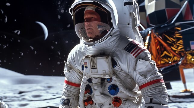 Astronaut in a sleek silver spacesuit stands against the backdrop of the moon, AI-generated.