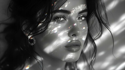 AI generated illustration of a grayscale portrait of a woman with sunlight illuminating her face