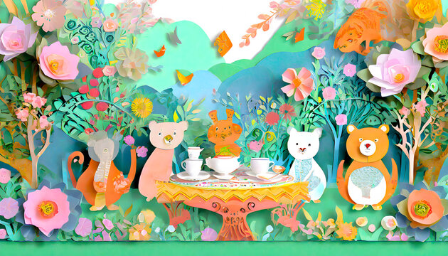 Papercut image of an enchanting garden tea party of cute cartoon animals