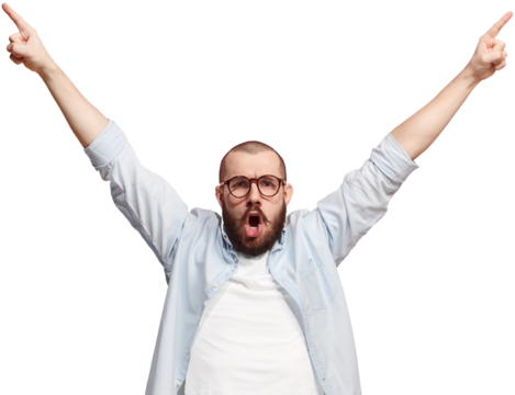 Winning and success. Happy man celebrating victory. Dynamic image of Caucasian man showing success and happiness isolated on transparent background. Concept of human emotions, facial expression