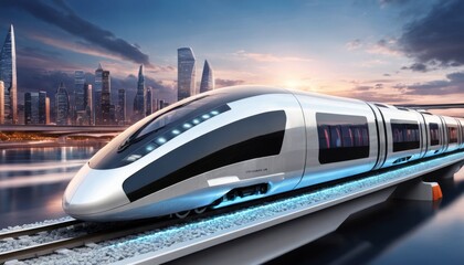 A sleek, futuristic train speeds along on a maglev track against a backdrop of a vibrant city skyline at dusk, symbolizing cutting-edge transportation technology.. AI Generation - obrazy, fototapety, plakaty