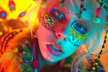 Woman with vibrant makeup and intricate face paint