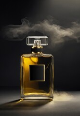 Luxury perfume bottle closeup on black elegance background. Mockup of a black perfume bottle on a dark empty background. Horizontal.
