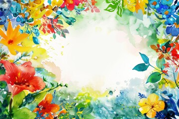 Watercolour illustration of a frame from abstract flowers with a white copy space on a center. AI generated - 781193199