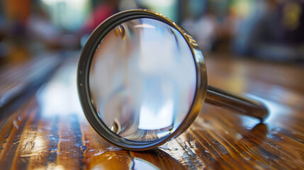 Close-Up View of a Magnifying Glass on a Wooden Table in Natural Daylight - obrazy, fototapety, plakaty