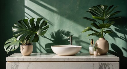 A minimalistic, modern white marble stone counter table featuring a tropical monstera plant tree bathed in sunlight, set against a green wall background, creating a luxurious setting for skin care pro