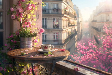 Fototapeta na wymiar A balcony from a building in a Paris street, with a coffee mug on a table and pink flowers