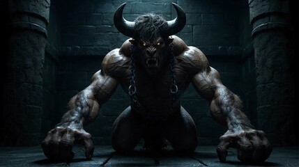 AI-generated illustration of a chained beast resembling Minotaur pictured in a dark setting - obrazy, fototapety, plakaty