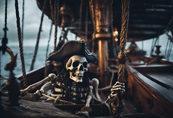 AI-generated illustration of a skeleton of a pirate on a boat with ropes and gear - obrazy, fototapety, plakaty