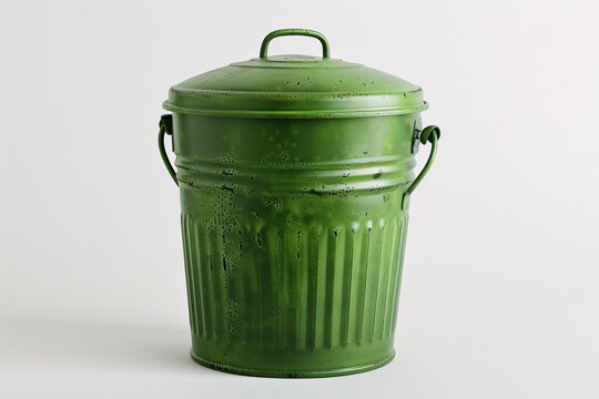a green metal trash can